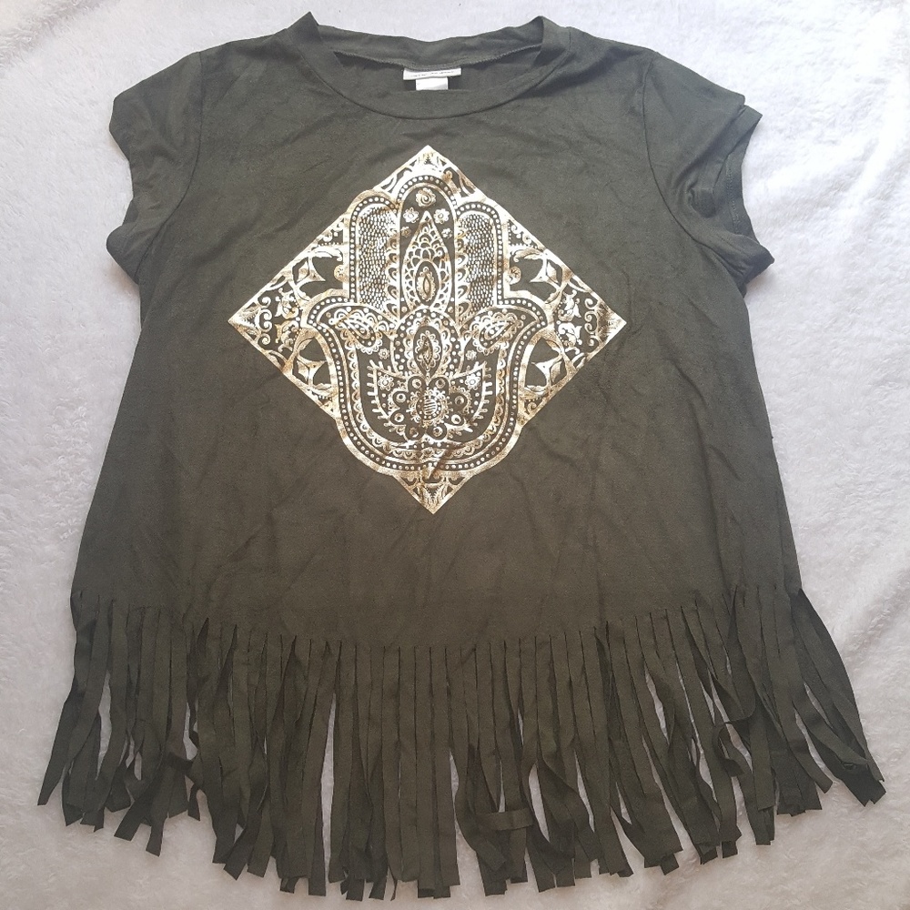 Belle Du Jour Olive Fringe Top with Gold Accent